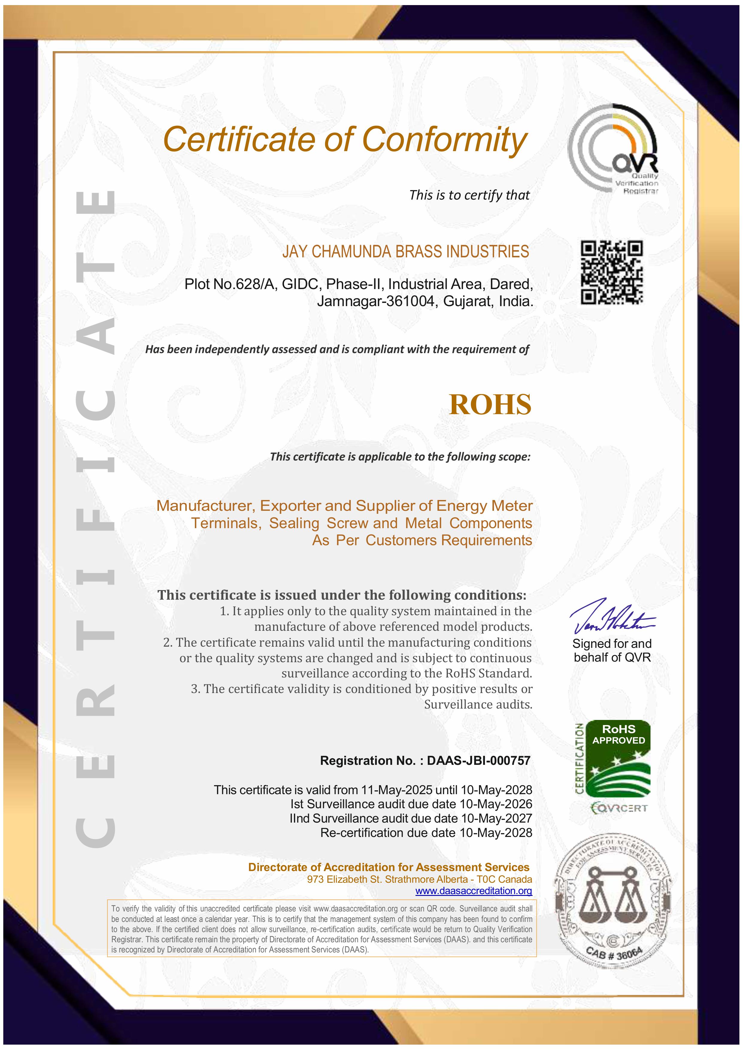 RoHS Certificate - Jay Chamunda Brass Industries
